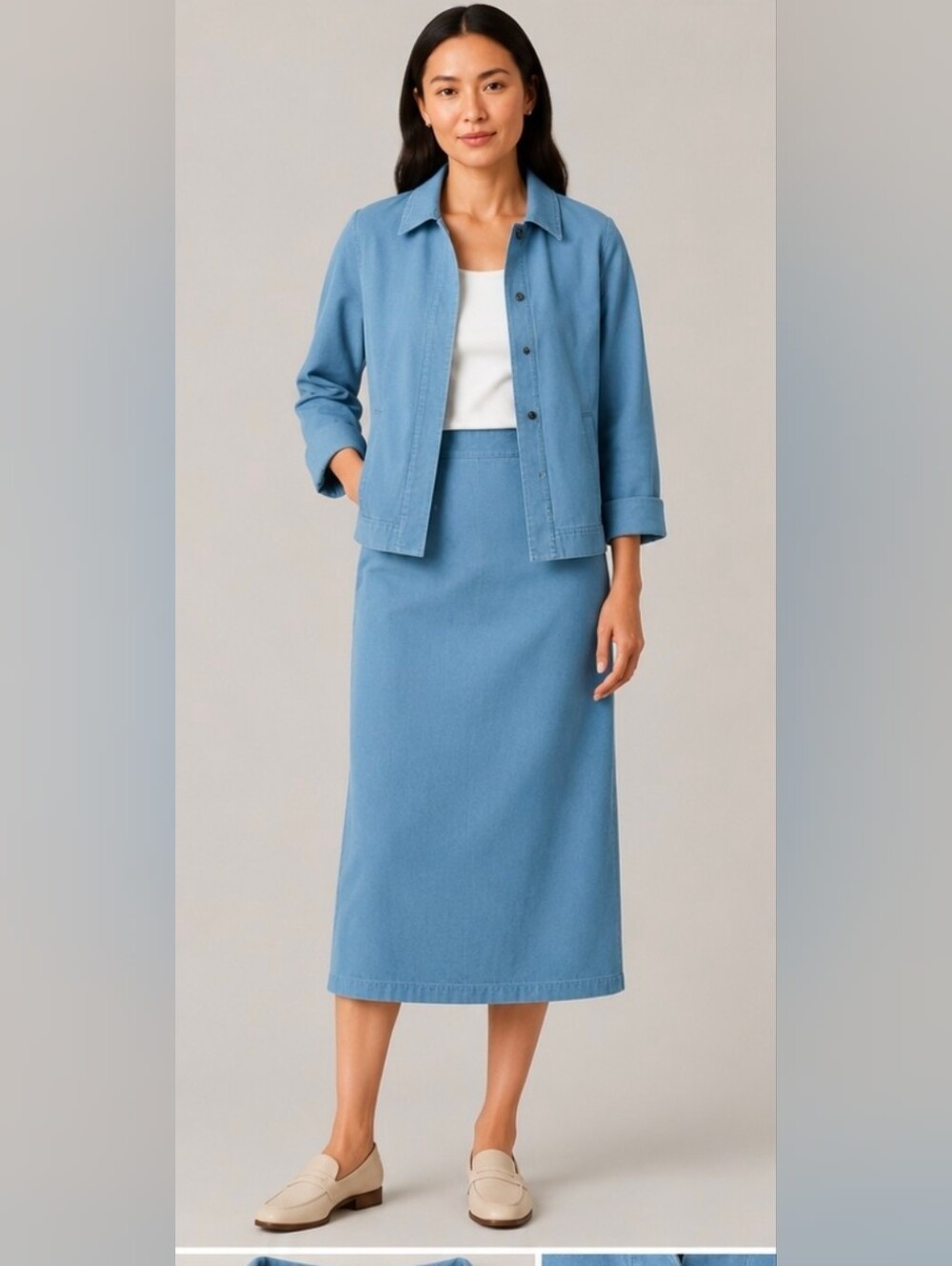 Eileen Fisher 2-Piece Blue Cotton Jacket & Skirt Set S/XS